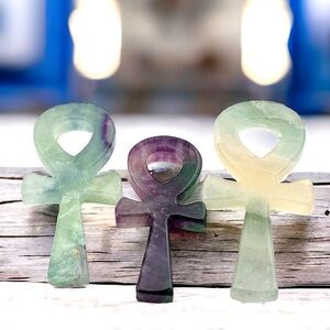 Rainbow Fluorite Hand Carved Egyptian Ankh Cross Gemstone Healing Crystal